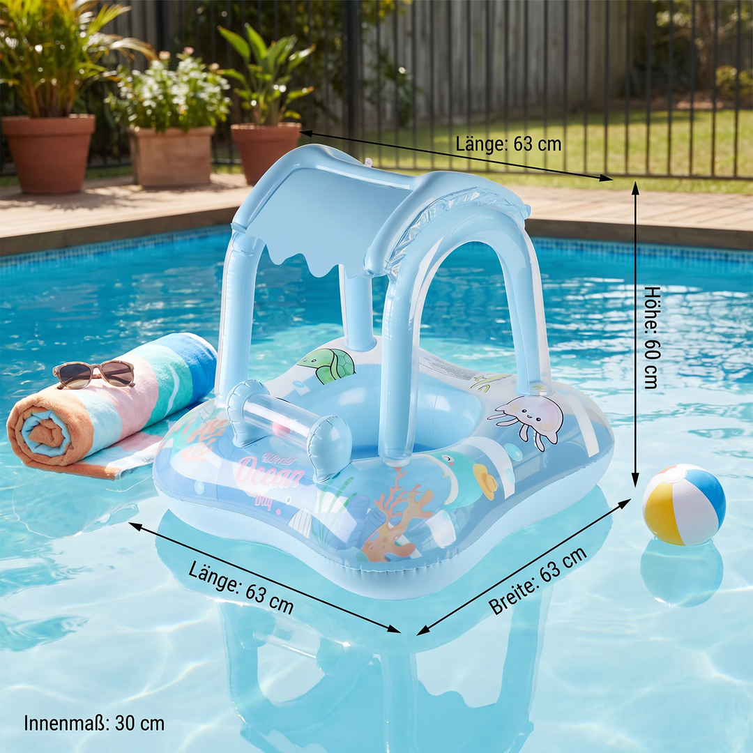 Blauer Baby Pool Float mit bunten Meerestieren, Sonnendach & Griffen für sicheren Wasserspaß im Planschbecken.
