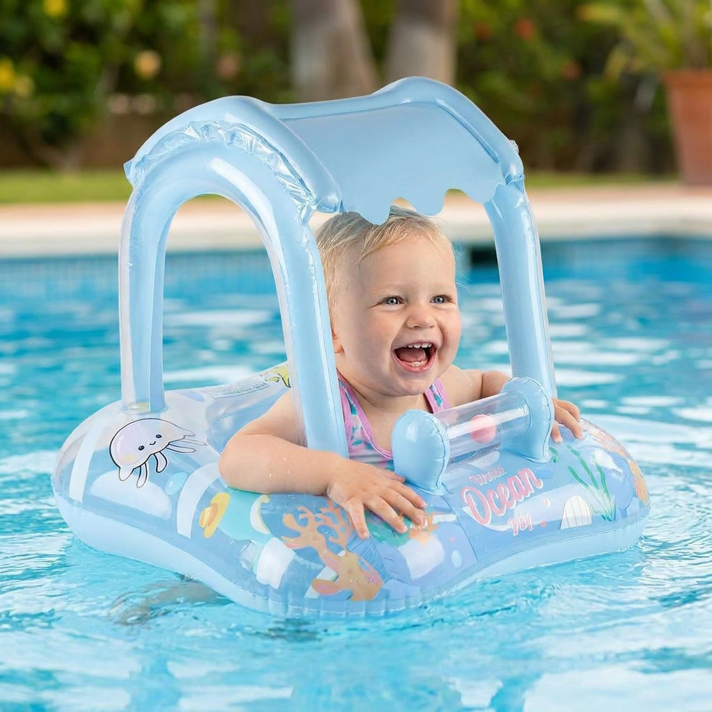 Sicherer Baby Schwimmring mit robustem Sonnenschutz, Ozean-Motiv & Anti-Kipp-Design für entspannten Badespaß.