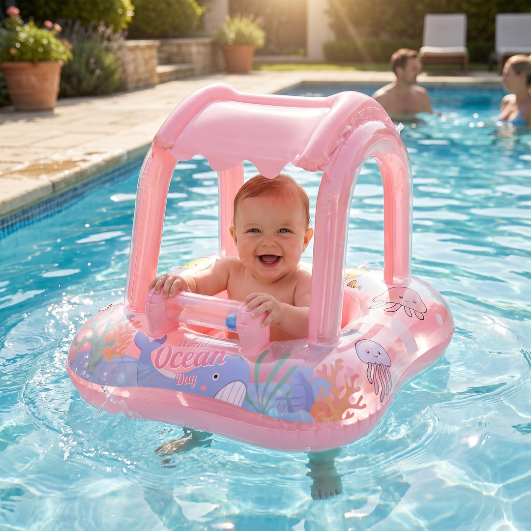 Sommerlicher Baby Pool Float mit UV-Sonnendach & Ozean-Design. Ideal für Pool, Planschbecken & Urlaub.