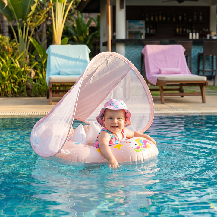 Praktischer Baby-Schwimmring für Sommer und Strand, mit Sonnendach für sicheren Wasserspaß.