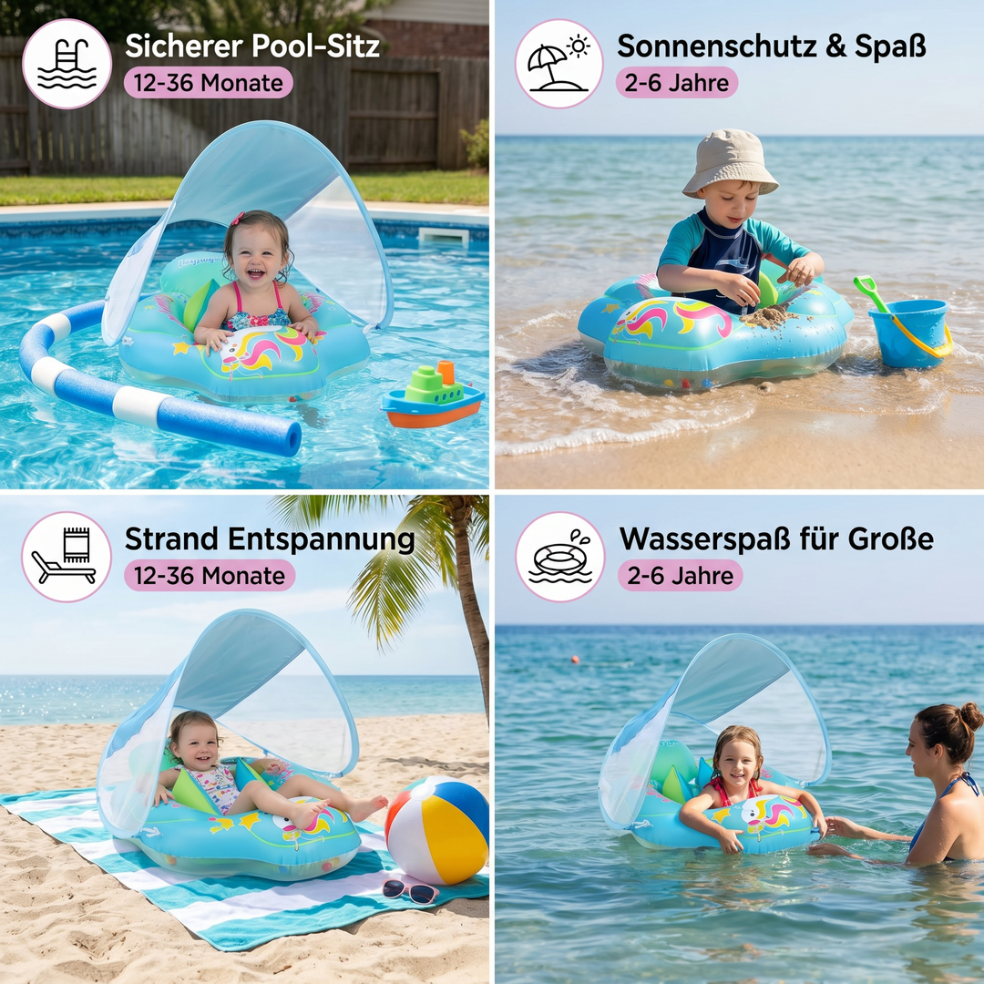 Blauer Baby-Pool-Sitz mit integrierter Schwimmhilfe und schützendem Sonnendach für Badespaß.