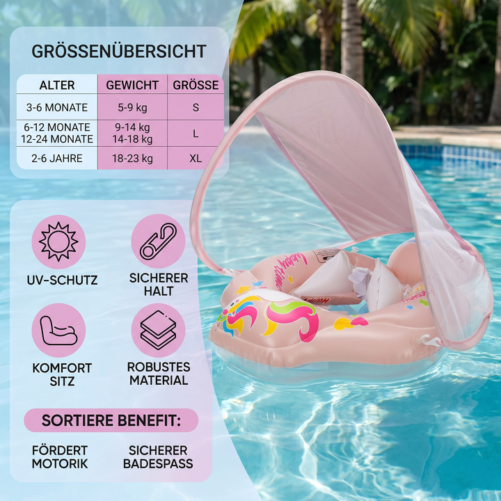 Fröhliches Baby genießt Wasserspielzeug im sicheren Schwimmring mit Sonnenschutz beim Babyschwimmen.