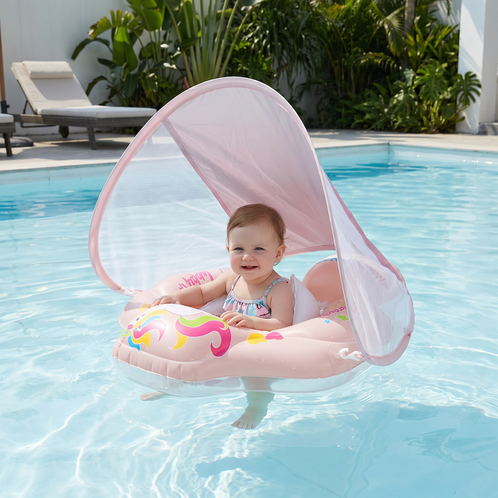 Sicherer Baby Schwimmring mit UV-Sonnendach für Strand und Pool, idealer Badespaß für Kinder im Sommer.