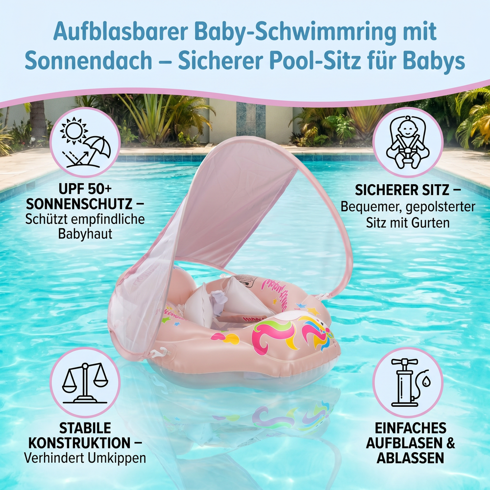 Sicherer Baby Schwimmring mit UV-Sonnendach, schützt Kinder beim Schwimmen im Sommer.
