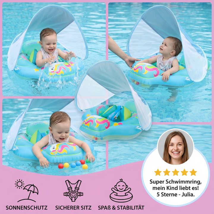 Blauer Baby Schwimmring mit integriertem UV-Schutzdach, sorgt für sicheren Badespaß im Wasser.