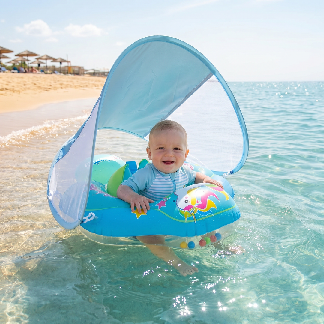Ideales Kindergeschenk: Baby Schwimmring mit UV-Sonnendach für sicheren Badespaß im Sommer und Pool.