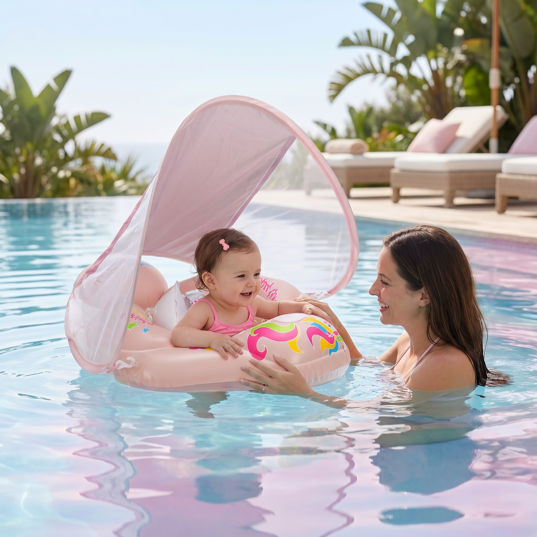 Komfortabler Baby Schwimmring mit UV-Sonnenschutz, fördert sicheren Badespaß beim Schwimmen für Kinder.