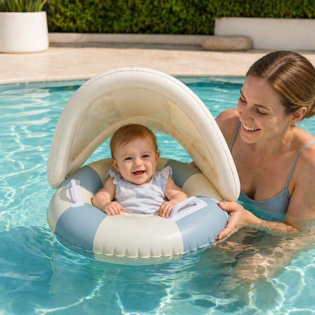 Baby Schwimmring Retro mit Sonnendach; sichere Schwimmhilfe für Kleinkinder im Pool. Sonnenschutz & Wasserspaß.