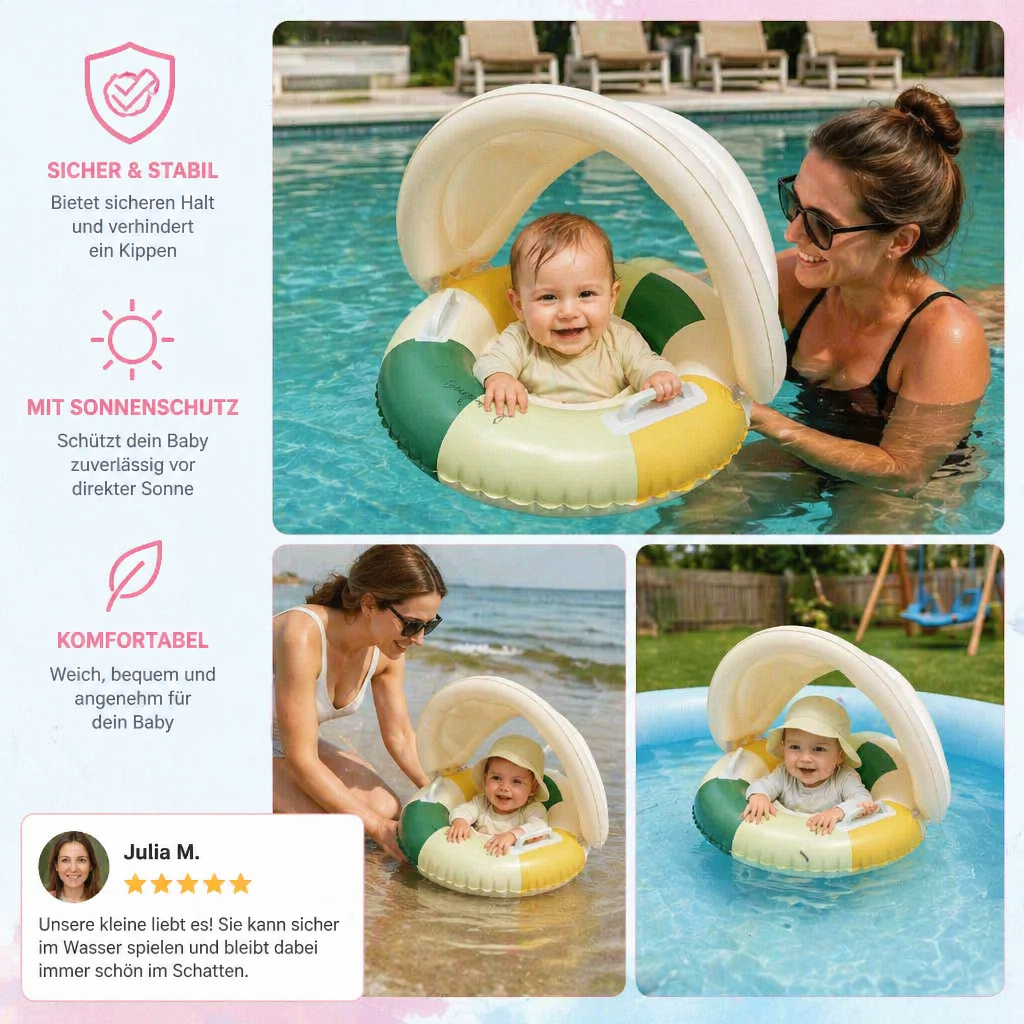 Fröhlicher Baby Schwimmring im Retro-Design, ideal für sicheren Wasserspaß. Mit Sonnenschutz für sonnige Tage.