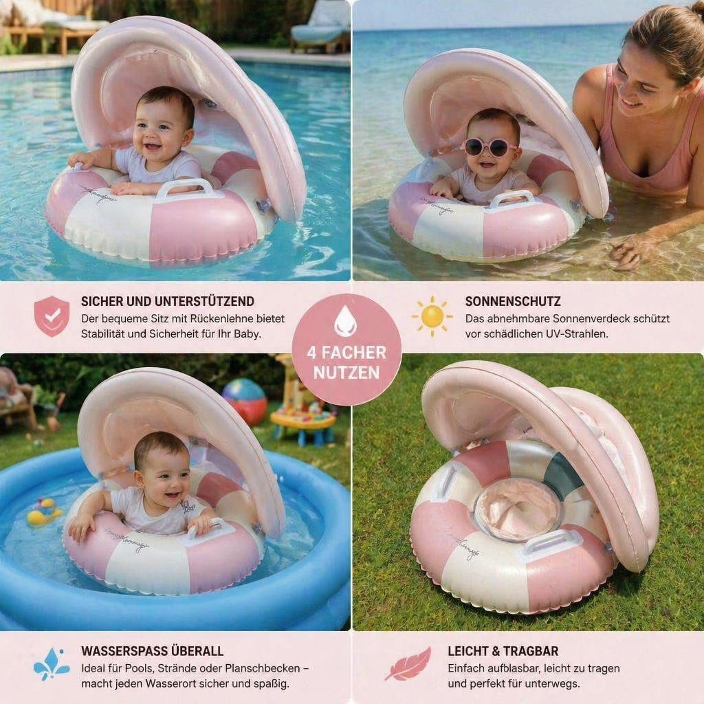 Kleinkind Schwimmhilfe für sicheres Baden; aufblasbarer Schwimmring mit Sonnendach und Retro-Look für den Sommer.