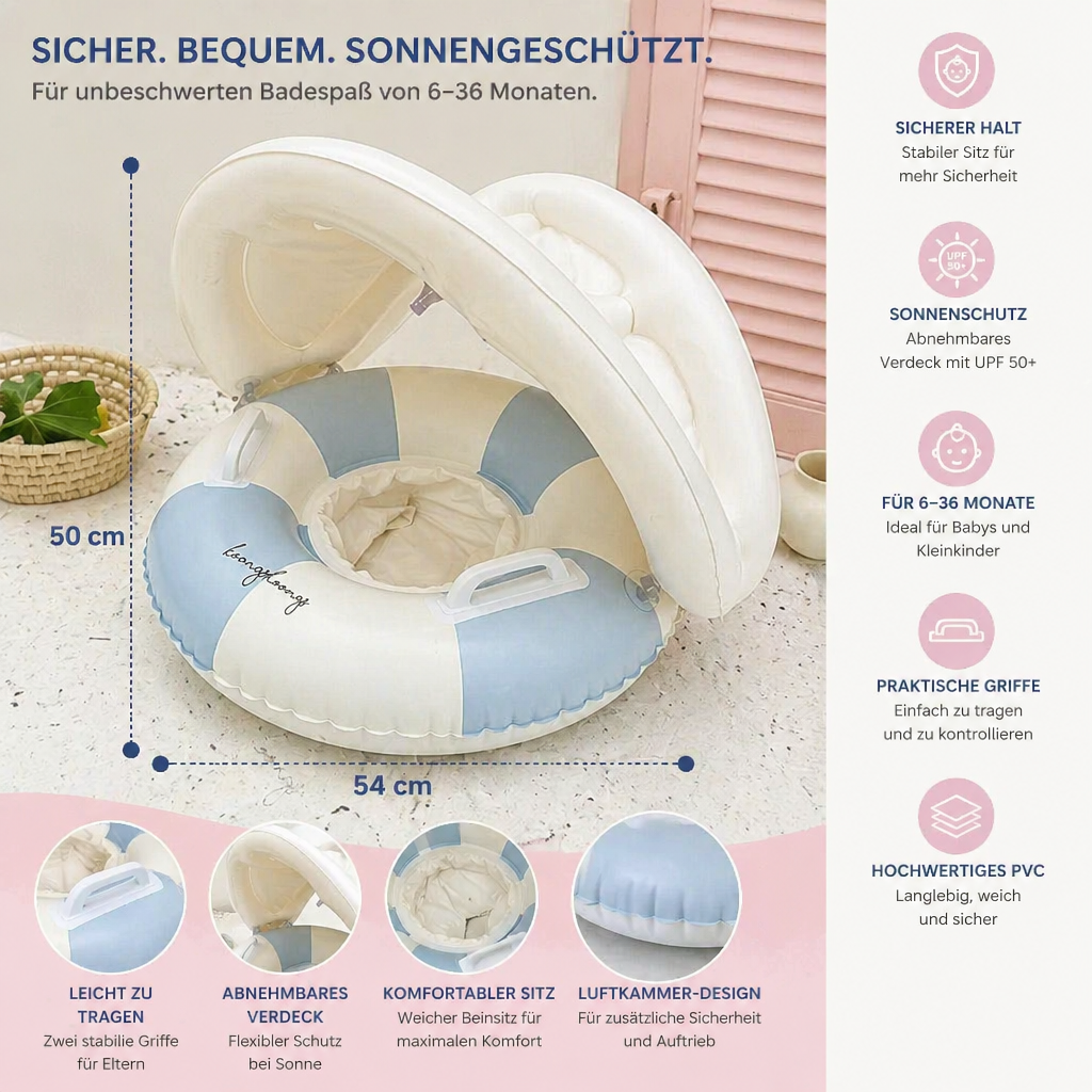 Sicherer Baby-Schwimmring mit Sonnendach. Ideal für den Pool oder Strand, fördert Wasserspaß & Bewegung.