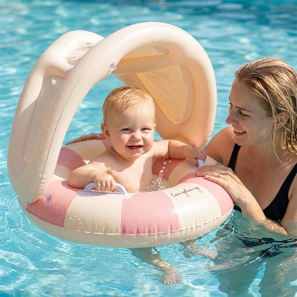 Robuster Baby Schwimmring mit UV-Sonnendach für ungetrübten Wasserspaß. Perfekt für Strand und Baby Pool Zubehör.