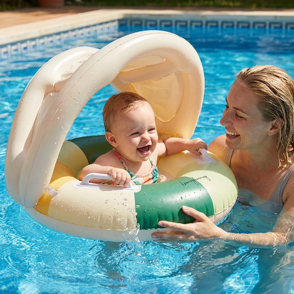 Bunter Baby-Schwimmring mit Sonnendach für sicheres Kleinkind Schwimmen; aufblasbar für einfachen Transport zum Pool.