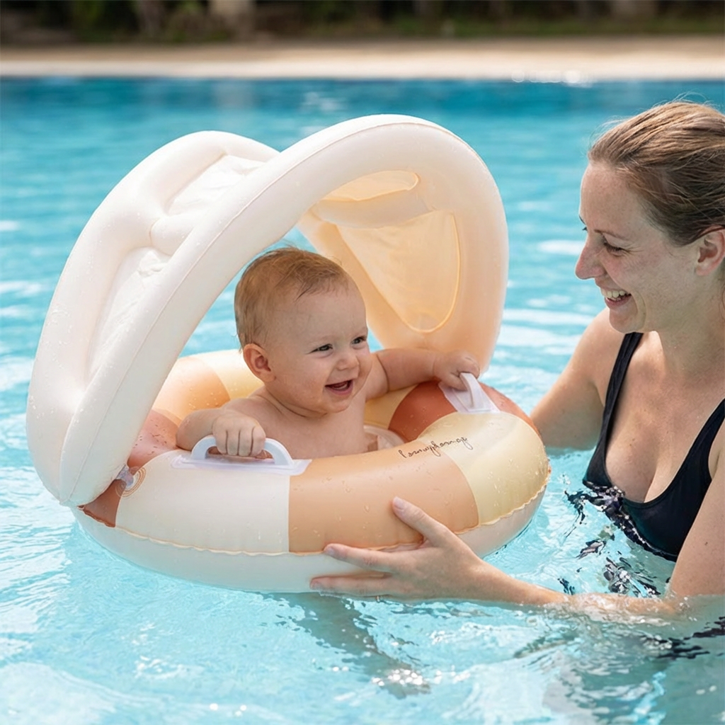 Baby-Schwimmhilfe im Retro-Stil mit Sonnenschutz. Dieser Schwimmring bietet Sicherheit und Spaß im Wasser für Babys.