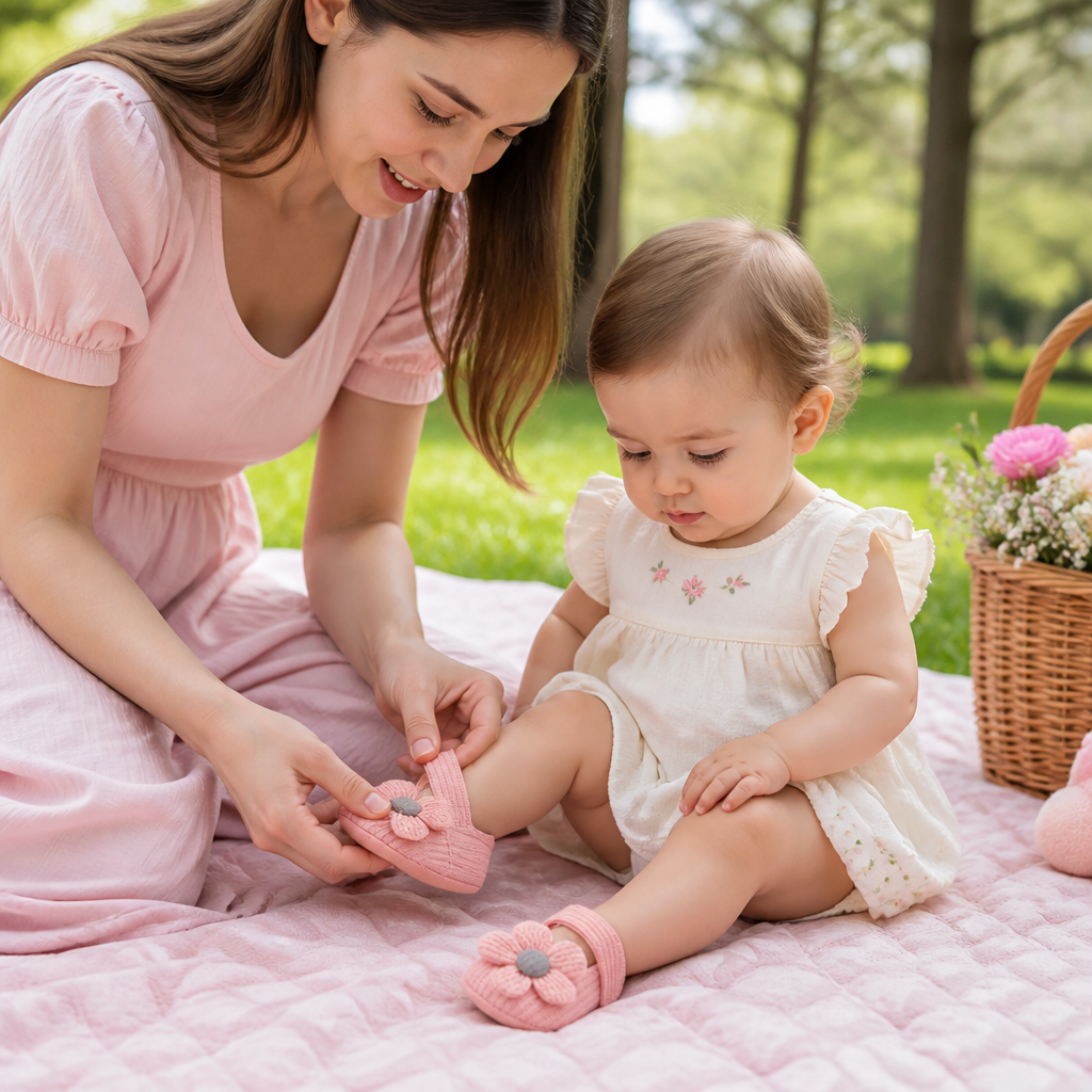 Baby Sommer Krabbelschuhe im Blumenmuster mit weicher Sohle für gesunde Babyfüße.