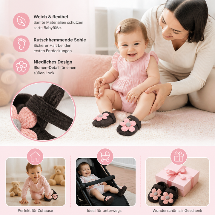 Lauflernschuhe für Babys: Blumenmuster Krabbelschuhe mit flexibler Sohle u. Klettverschluss.