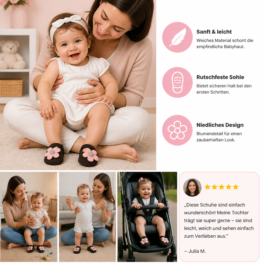 Bequeme Baby Krabbelschuhe mit zartem Blumenmuster, flexibler Sohle u. Klettverschluss für Babys.