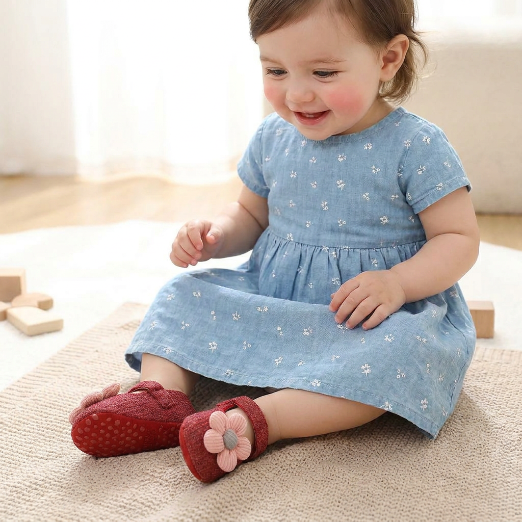 Nahaufnahme der Baby Sommerschuhe: Krabbelschuhe mit Blumenmuster, weicher Sohle, perfekt für kleine Füße.