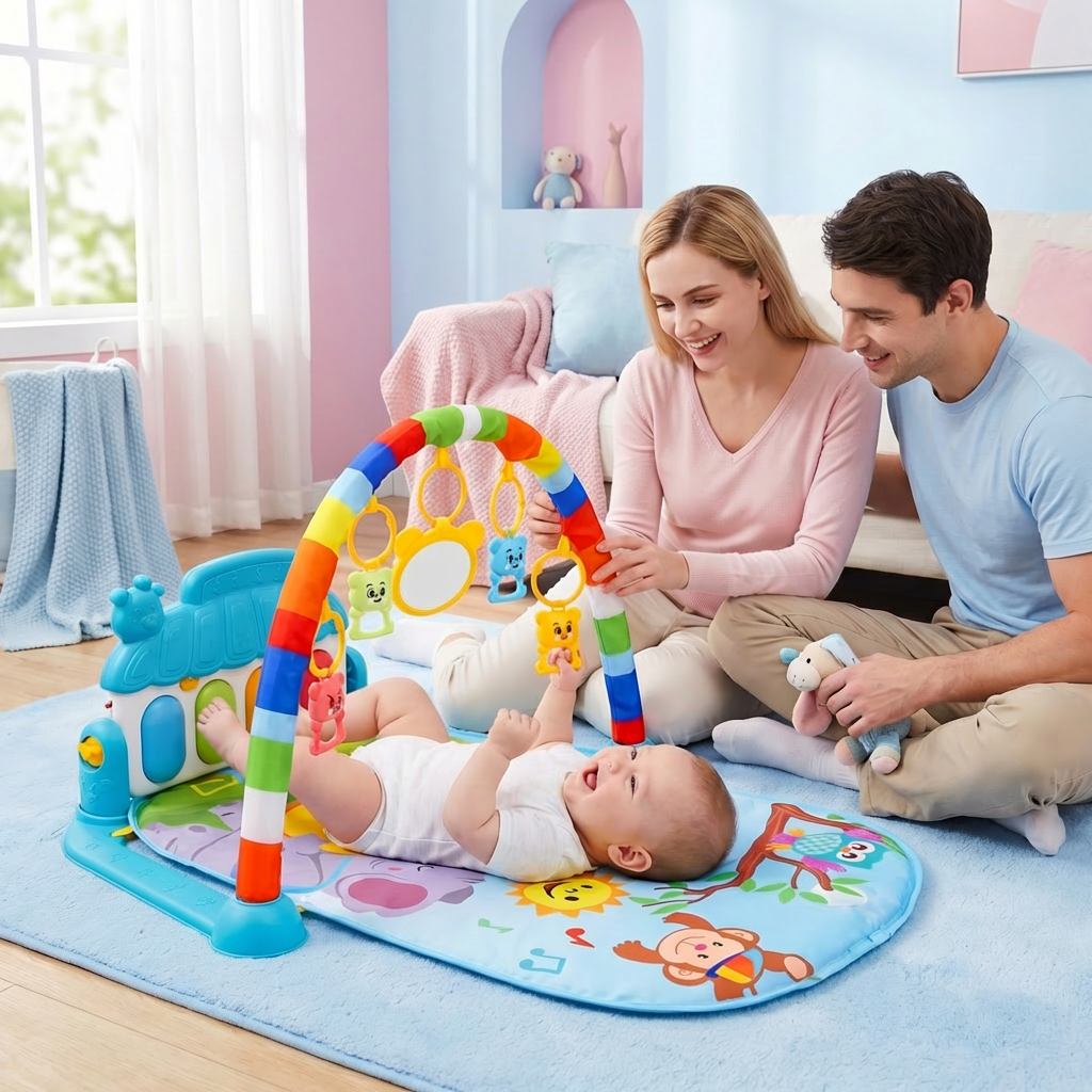 Baby Spielbogen mit Piano: Interaktive Krabbeldecke fördert Sensorik & Motorik bei Neugeborenen & Kleinkindern.