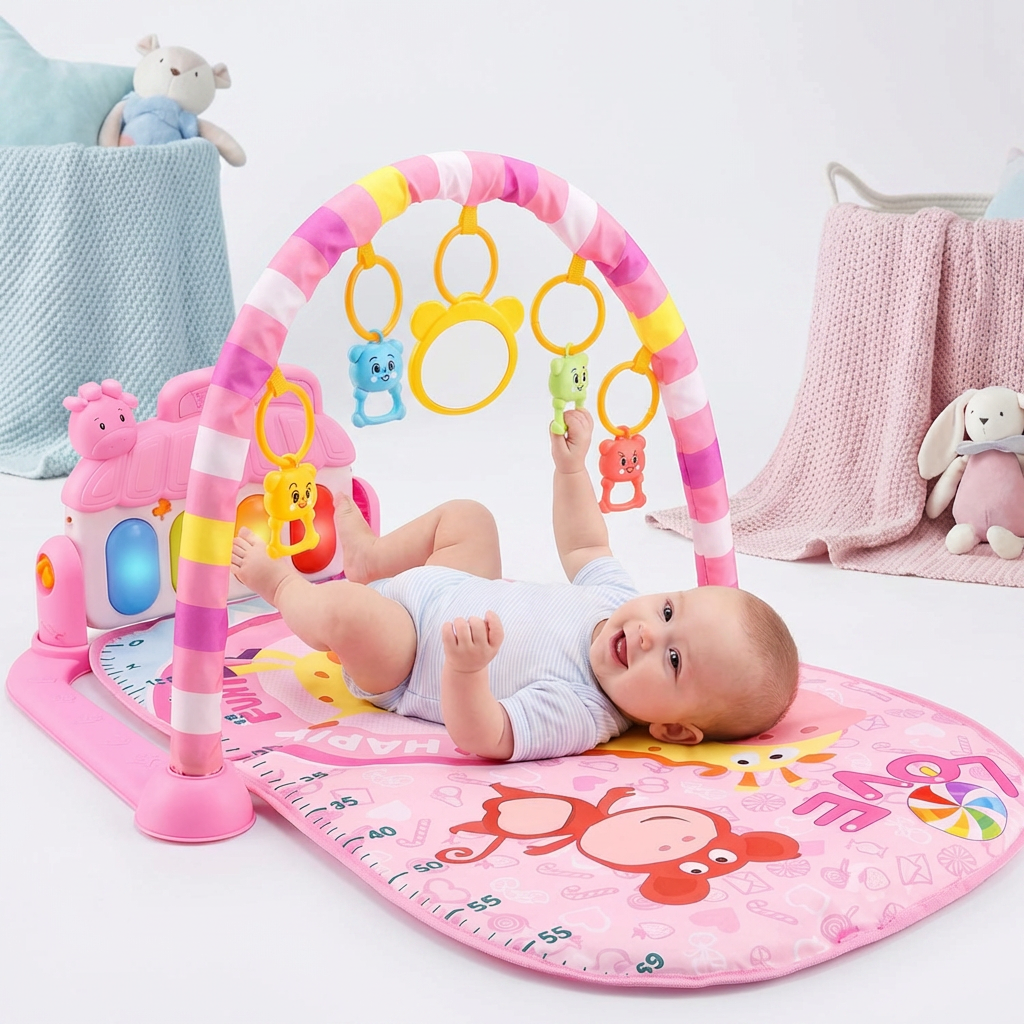 Baby entdeckt interaktiven Musik-Spielbogen mit Piano, Lichteffekten & verschiedenen Texturen.