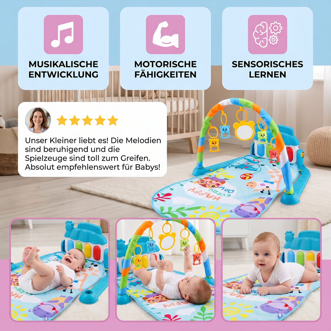 Weiche Sensorik-Krabbeldecke: Spielmatte mit Baby Spielbogen & interaktivem Piano für Entwicklung.