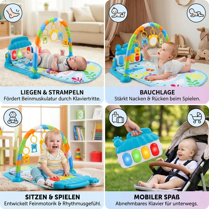 Entwicklungsspielzeug: Baby Spielbogen mit Piano zur Förderung von Sensorik, Motorik & Greifen bei Babys.