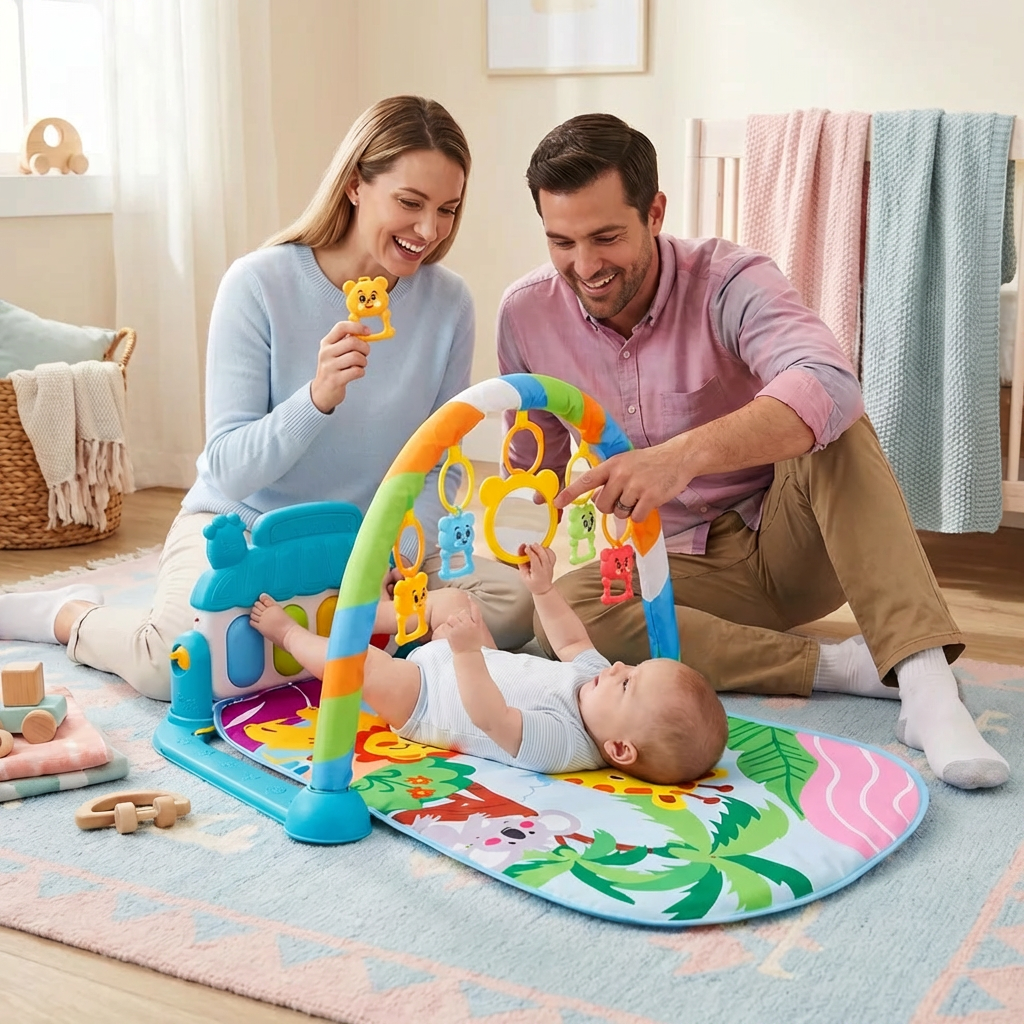 Krabbeldecke mit abnehmbarem Piano: Baby Spielbogen mit Spiegel, Rasseln und Beißringen für Kleinkinder.