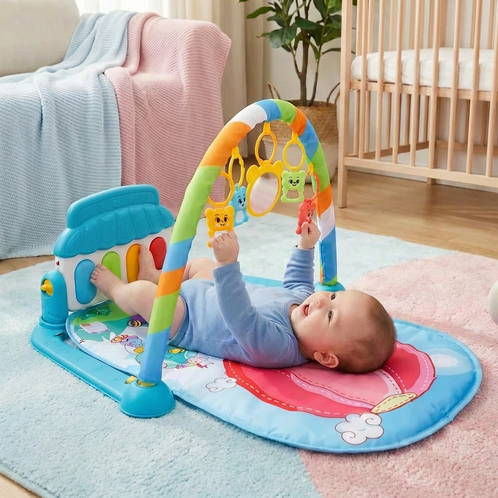 Babyspielzeug für Neugeborene: Spielbogen mit Piano, Krabbeldecke & sensorischen Elementen für Kleinkinder.