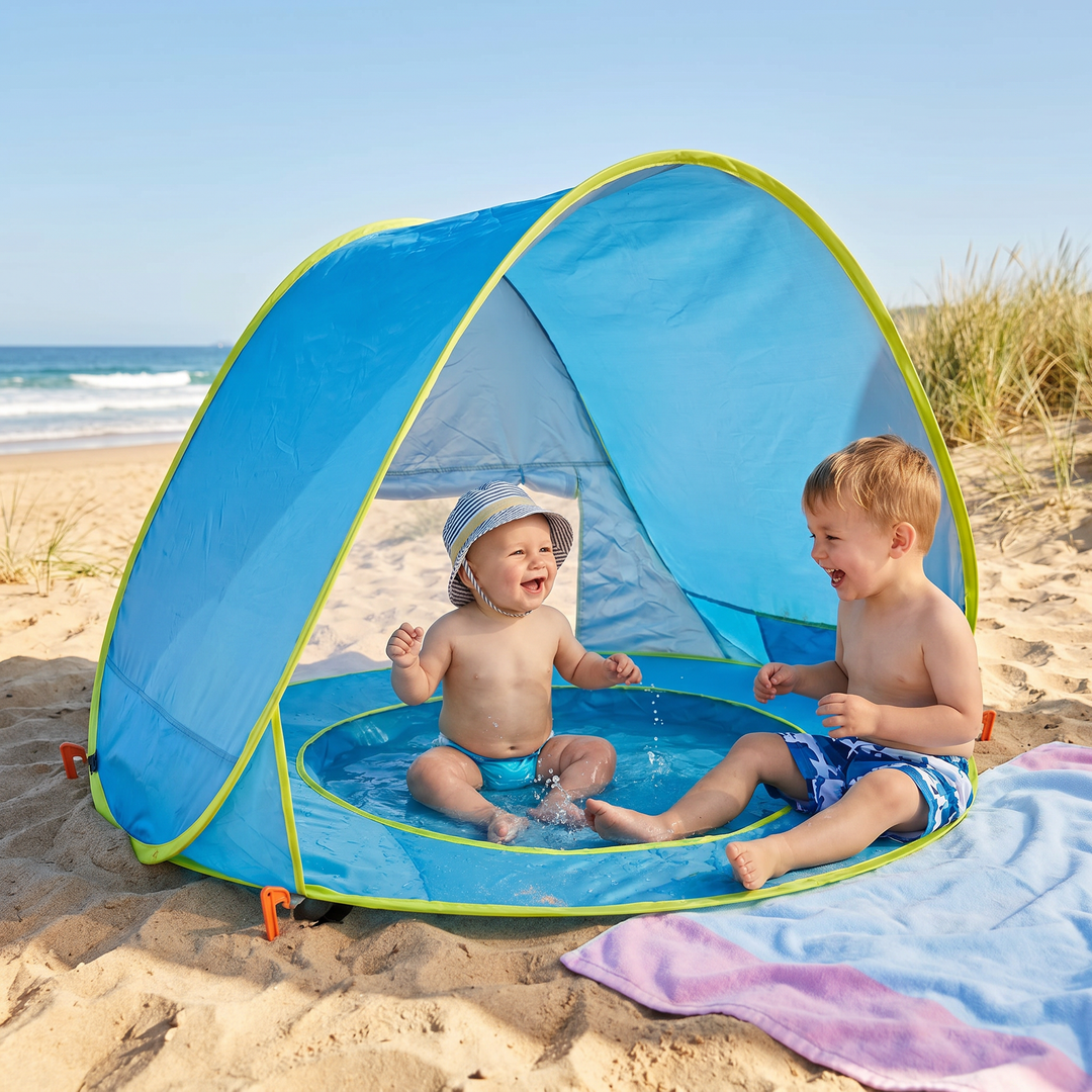 Baby Strandzelt mit UV-Schutz und integriertem Mini-Pool. Perfekter tragbarer Sonnenschutz für Kinder.