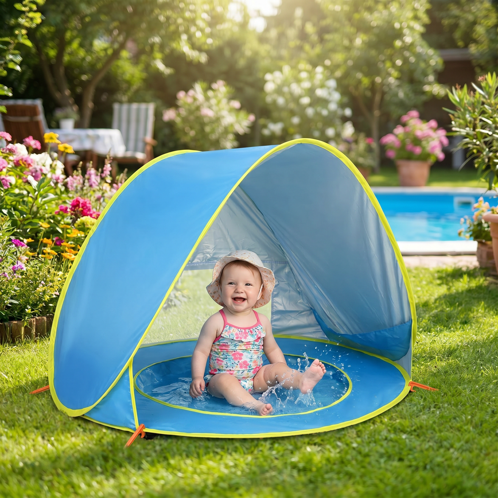 Tragbares Baby-Reisezelt mit UV-Schutz für Strand und Garten. Integrierter Pool für Kleinkinder zum Planschen.