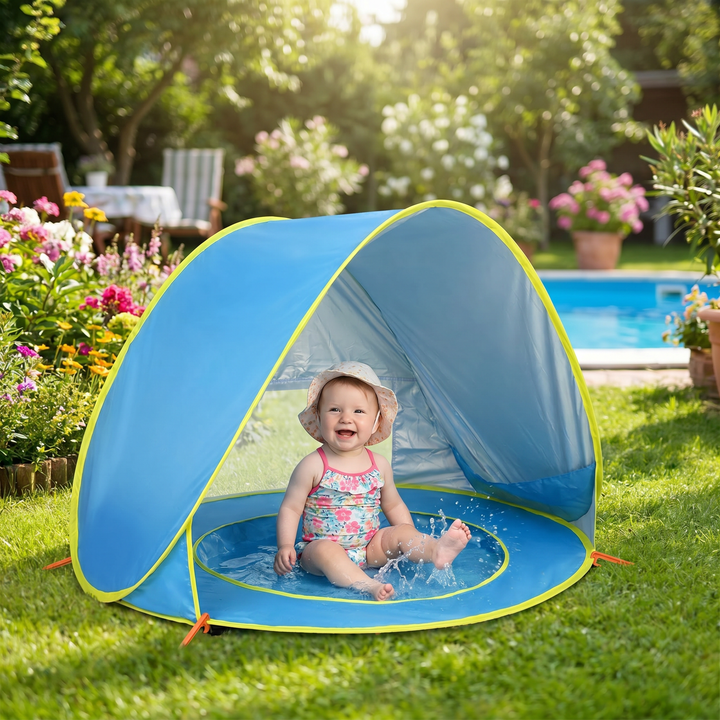Tragbares Baby-Reisezelt mit UV-Schutz für Strand und Garten. Integrierter Pool für Kleinkinder zum Planschen.