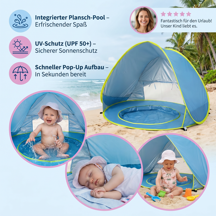 Sonnenschutz-Strandzelt für Babys und Kleinkinder mit UV 50+ Schutz und kleinem Planschbecken. Sicherer Sommerspaß.
