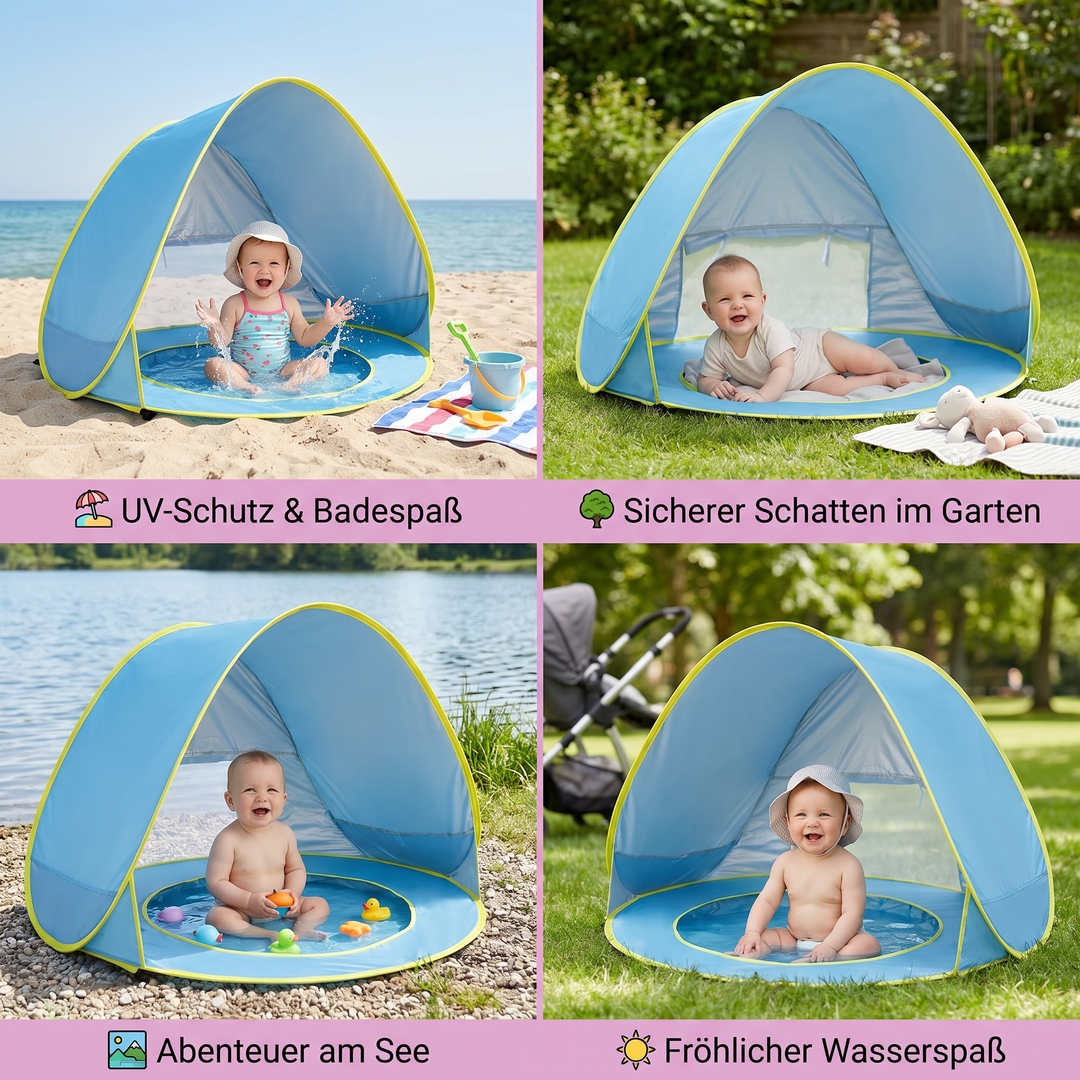 Blaues Baby-Strandzelt mit UV-Schutz und aufblasbarem Pool. Leicht aufzubauen, ideal als Kinderzelt für den Strand.