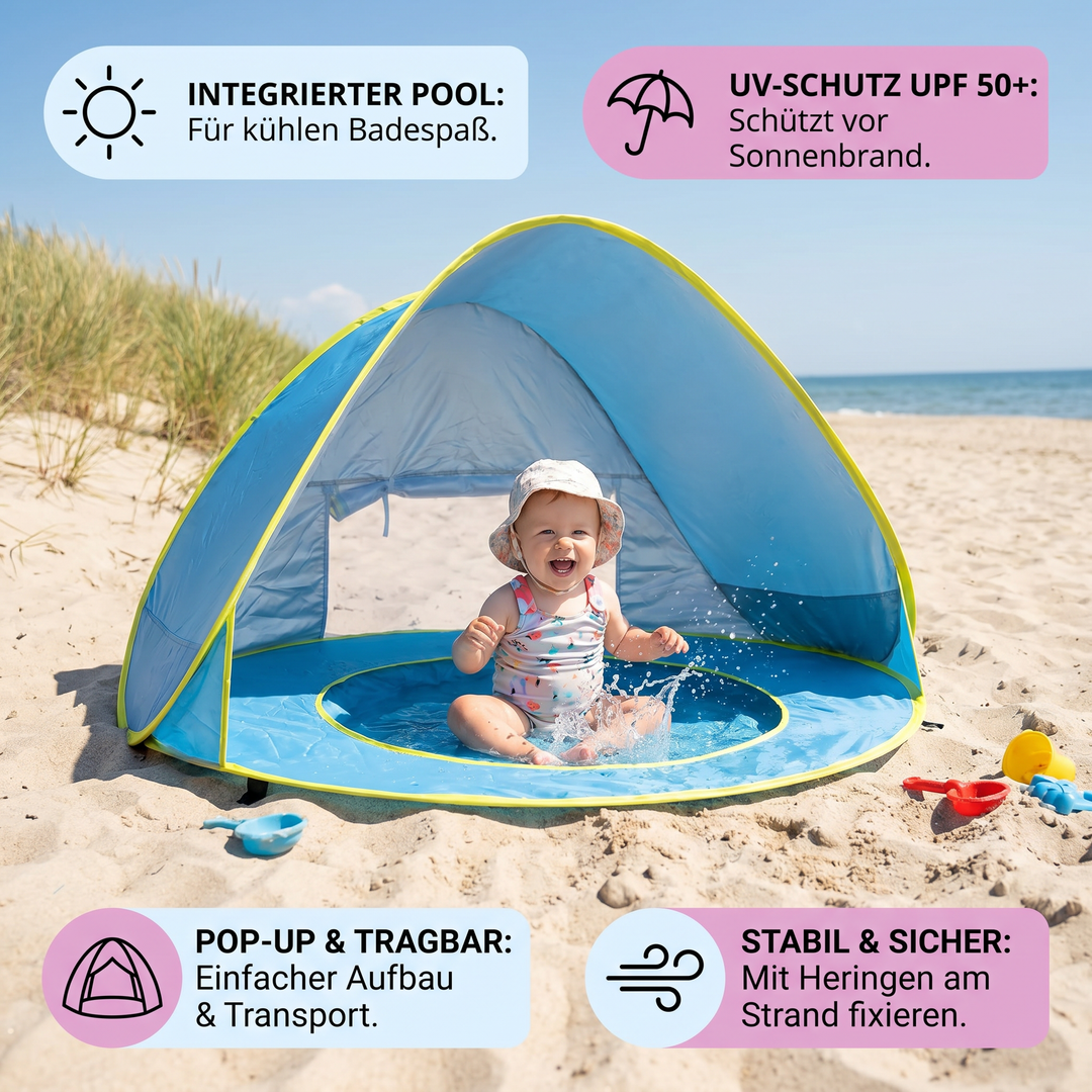 Praktisches Babyzelt mit UV-Sonnenschutz und integriertem Pool für den Strand. Ideal als tragbarer Schattenplatz für Kinder.
