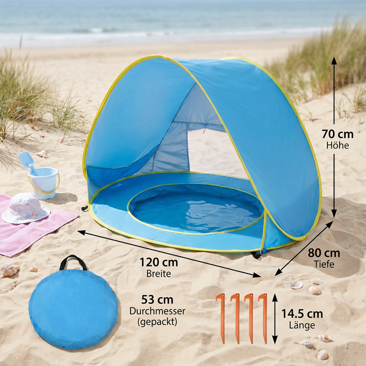 Kinder-Sonnenschutzzelt für den Strandurlaub mit UV-Schutz und Spielpool. Ein Muss für Babys im Sommer.