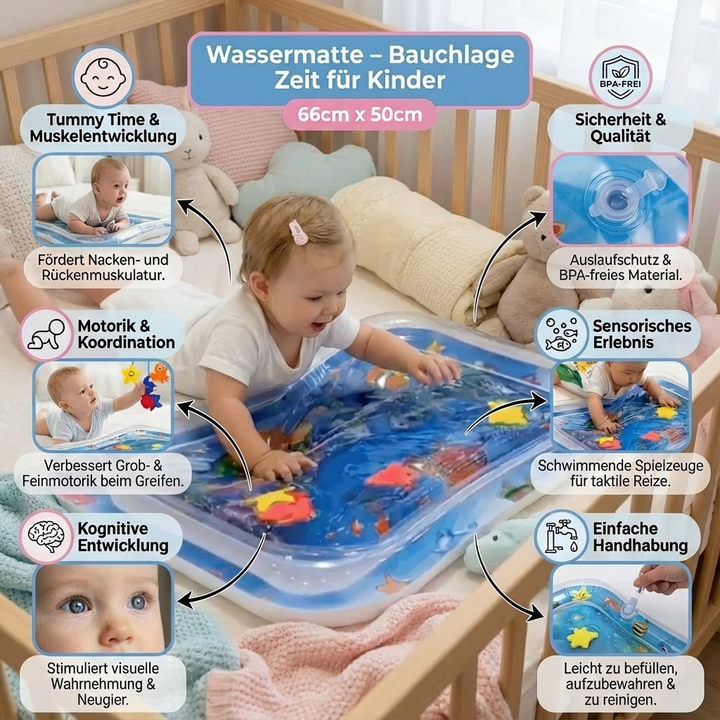 Glückliches Baby auf bunter Wassermatte in Bauchlage, fördert sensorische Entwicklung & Motorik spielerisch.