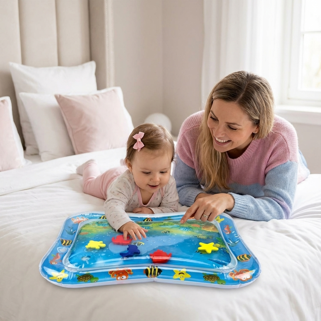 Kleinkind spielt auf weicher, bunter Wassermatte, ideal für Bauchlage, sensorische Stimulation & Spaß.