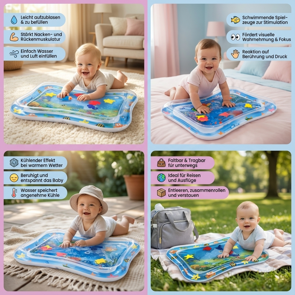 Ergonomische Baby-Wassermatte, unterstützt gesunde Entwicklung & Motorik in Bauchlage. Sensorisches Spielzeug.