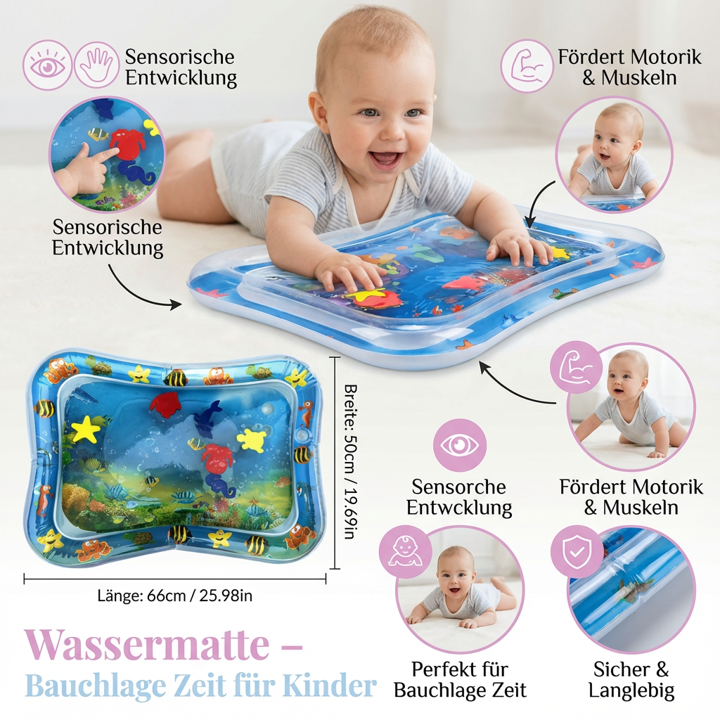 Bunte Wassermatte für Babys Bauchlage, fördert spielerisch Nackenmuskulatur, Motorik & sensorische Fähigkeiten.