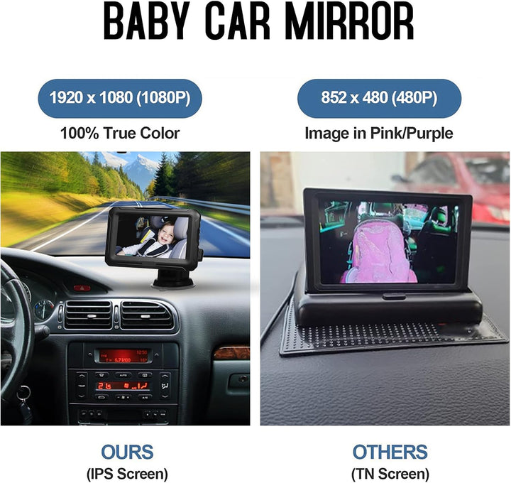 HD-Babyauto-Spiegel: 1080P Kamera und 4,3 Zoll Bildschirm für klare Sicht auf das Baby, auch bei Nacht.