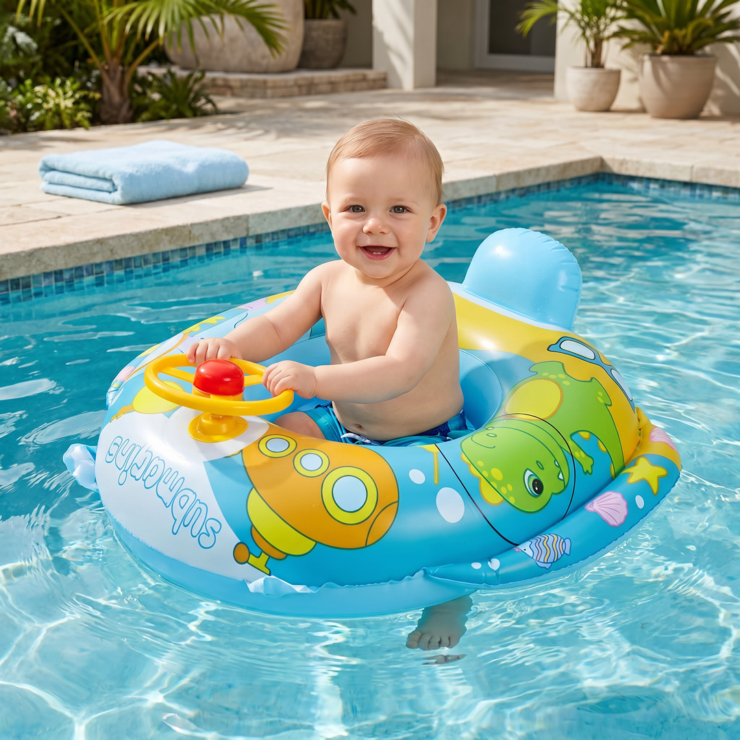 Babyschwimmring mit Lenkrad & sicherem Sitz für Kleinkinder im Pool. Ideal für Badespaß & Wasseraktivitäten.