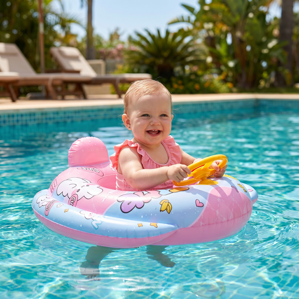 Sicherer Babyschwimmring mit gepolstertem Sitz & Lenkrad. Perfekt für die Wassergewöhnung von Kleinkindern.