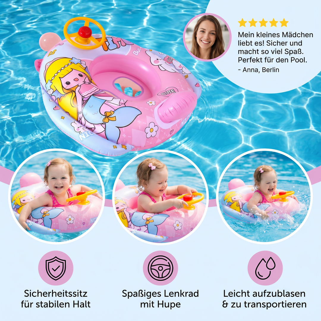 Babyschwimmring mit interaktivem Lenkrad für spielerischen Badespaß. Fördert die Motorik im Kinderpool.