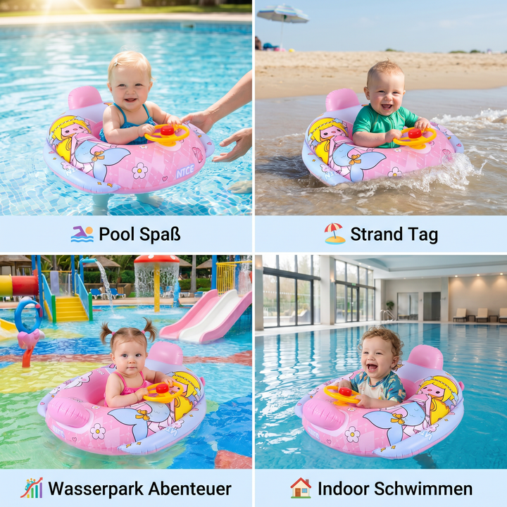 Robuster Babyschwimmsitz für Kleinkinder mit sicherer Rückenlehne & Spiel-Lenkrad. Für unbeschwerte Sommerfreude.