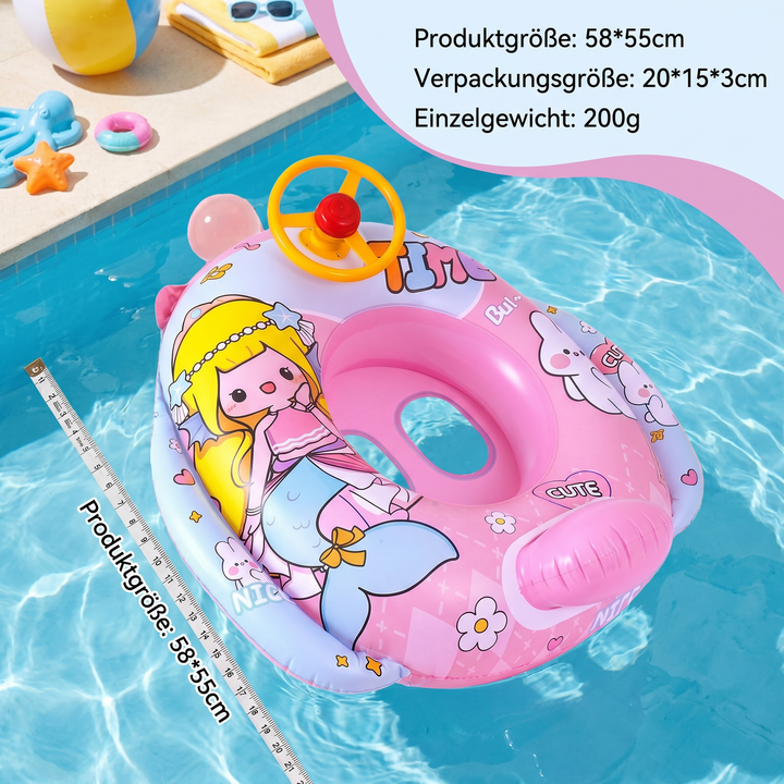 Detailaufnahme: Babyschwimmring mit ergonomischem Sitz, Lenkrad & stabilen Griffen. Ideales Babyspielzeug für den Pool.