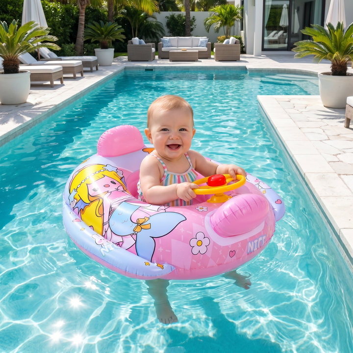 Bequemer Babyschwimmring mit Lenkrad & sicherem Schwimmsitz. Sorgt für fröhlichen Badespaß & Wassersicherheit für Babys.
