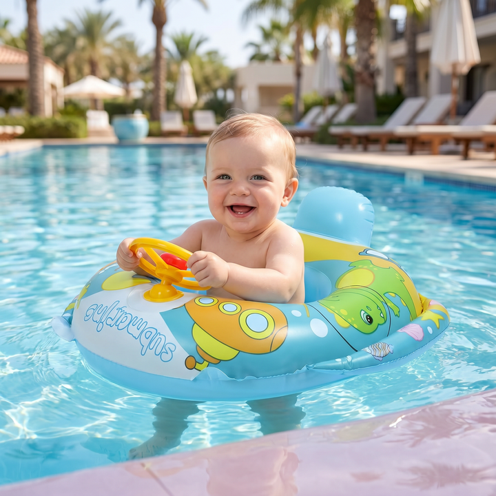 Babyschwimmring mit Lenkrad & sicherem Sitz. Ideale Schwimmhilfe für Badespaß, Planschen & Wasseraktivitäten von Kleinkindern.