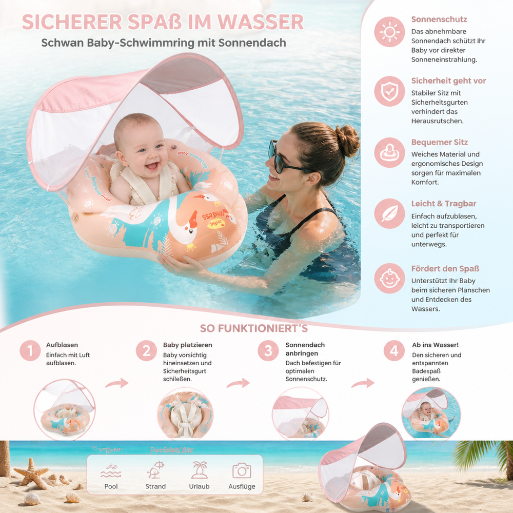 Süßer Baby Schwimmring Schwan, Schwimmhilfe für Babyschwimmen. Perfekt für Sommer, Pool und Planschbecken.