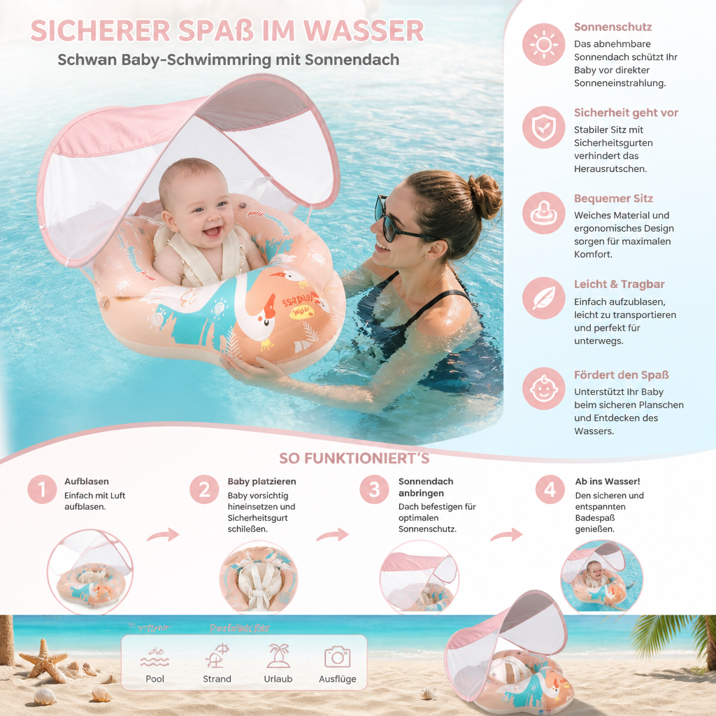 Süßer Baby Schwimmring Schwan, Schwimmhilfe für Babyschwimmen. Perfekt für Sommer, Pool und Planschbecken.