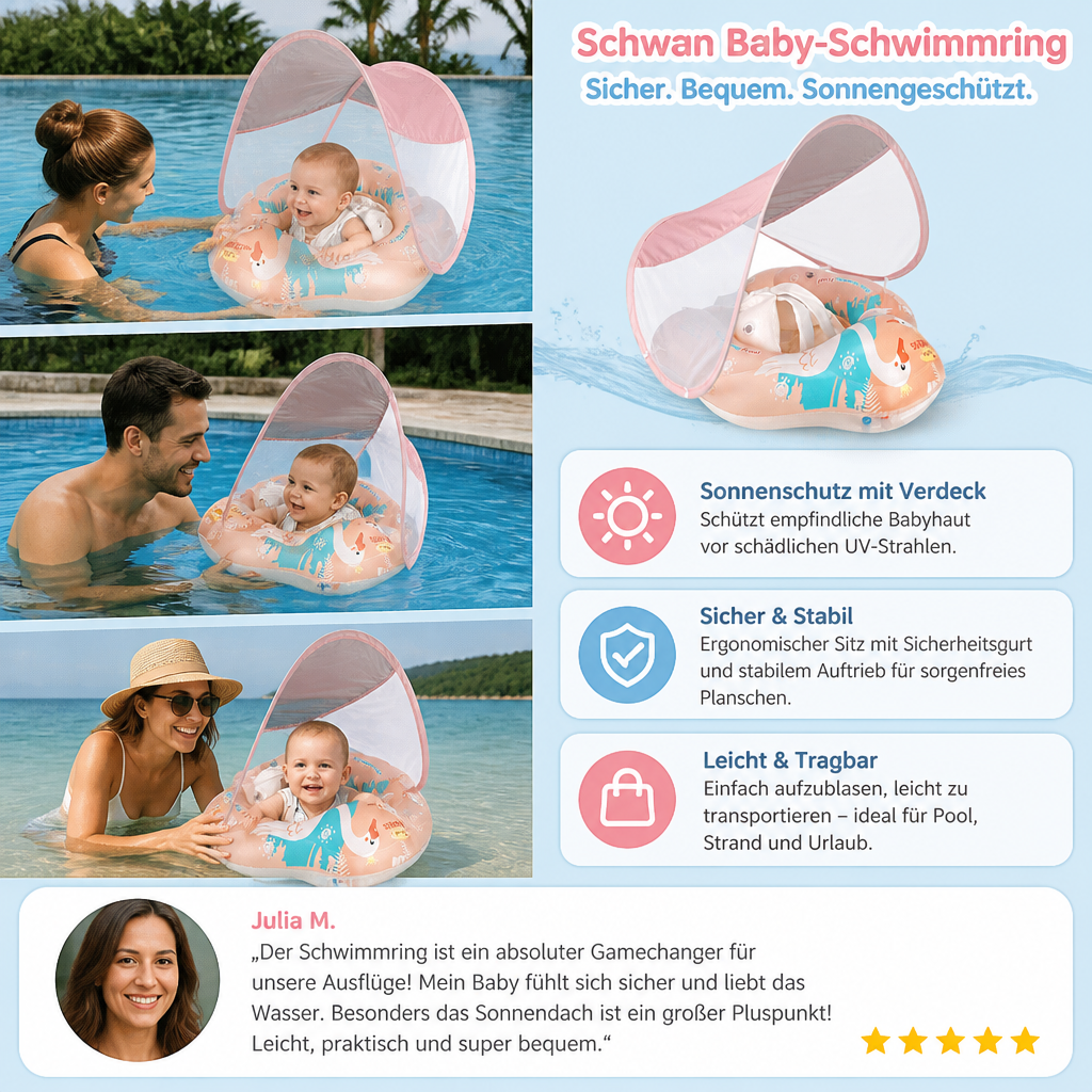 Sicherer Baby Schwimmring Schwan mit UV-Schutzdach. Fördert Babyschwimmen & Wasserspaß. Optimal für Kleinkinder.